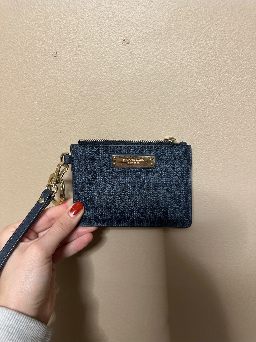 Michael Kors Gray Leather Wristlet Card Case with Gold Hardware